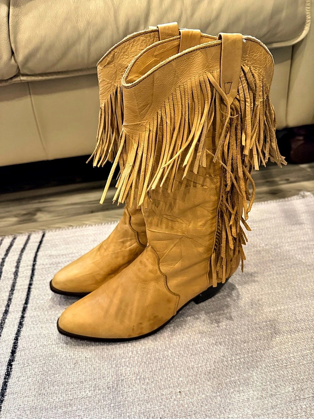 Vintage Dingo Tan Leather Fringe Cowboy Boots Women 8m Western Boho Cowgirl